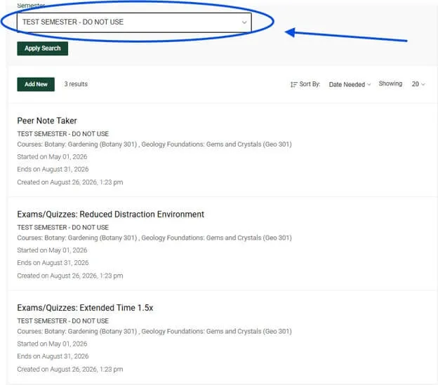 Semester drop down list circled with an arrow pointing to it. 