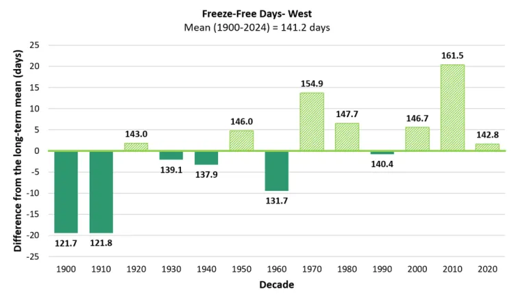 Bar chart showing average freeze-free length in days across different time periods from 1900 to 2024 in the Western climate division, with bars colored light green for lower values and dark green for higher values. Notable trends include a significant increase peaking at 161.5 days during 2010-2019 and a partial data bar for 2020-2024 at 142.8 days, indicating longer freeze-free periods in recent decades.