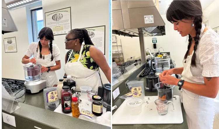 split photo of Hannah Lewis and Lizah Makombore in the kitchen preparing smoothies