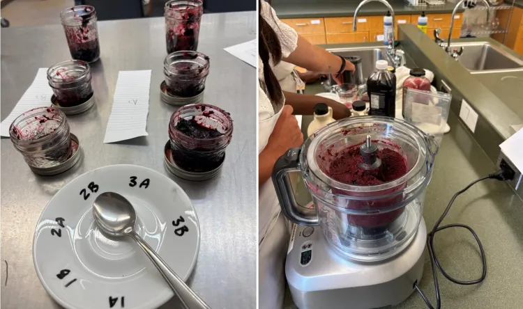 jars of jams for tasting. smoothie in the processor