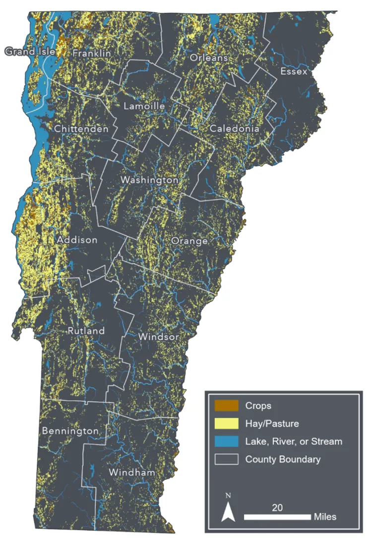 Map of the state of Vermont with areas colored to show agricultural land use in Vermont by type; crops, hay and pasture. Hay and pasture areas are concentrated on the Western side of the state near Lake Champlain, especially in Addison, and Franklin counties, and cover the most area. Crops are less common but have more dense concentrations in Franklin, Addison and Orleans counties. There is an overlay of lakes, rivers and streams to show the proximity of water bodies to agricultural areas.
