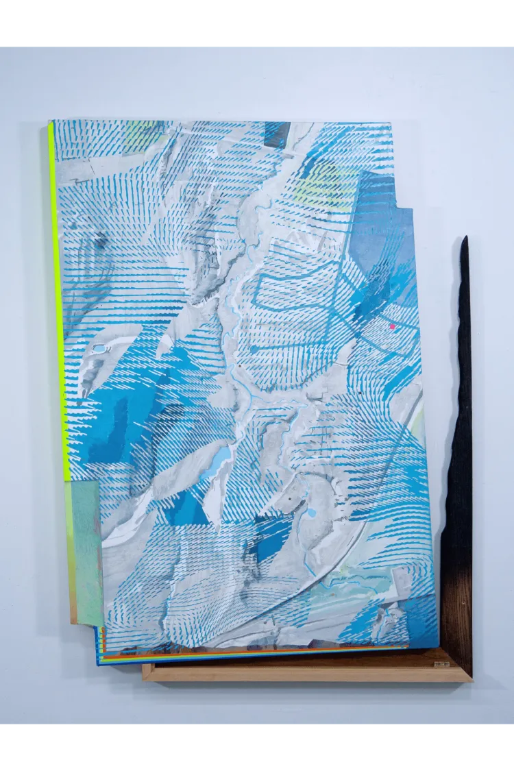 A painting featuring light blue dots and waved lines. An artwork by Steve Buddington