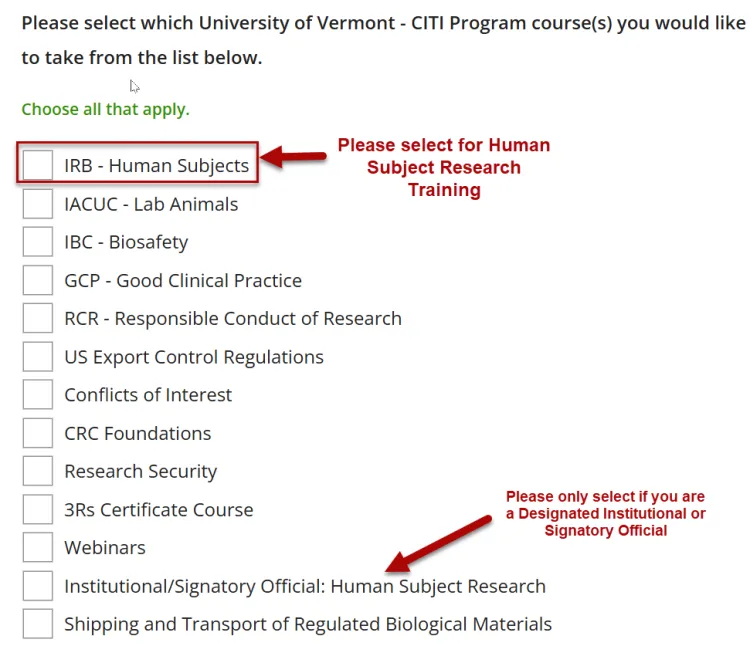 The options to choose for CITI Training for Human Subjects