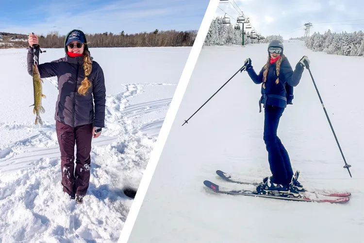 UVM Student Darby Lane holding a fish after ice fishing on the left and on a ski slope on the right
