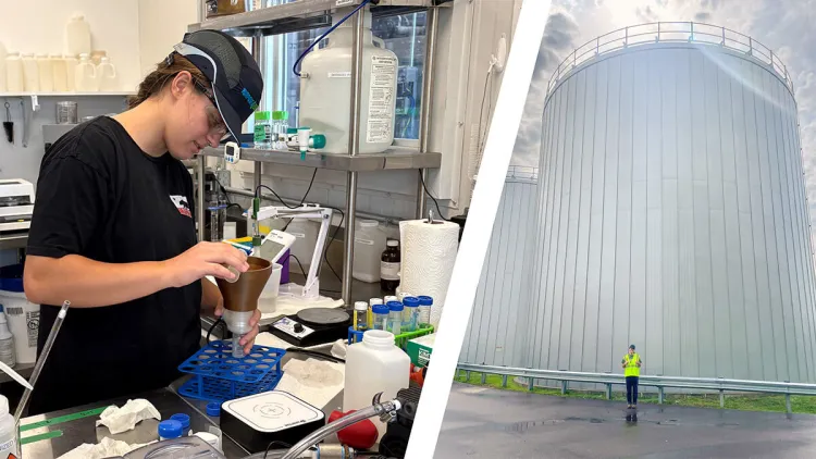 Two images: At left is a student working with research equipment in a lab. At right is the same student standing in front of a large storage cylinder