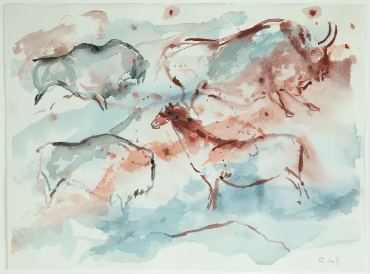 Sketched forms of a bulls and horses on a color wash of blues and browns. Artwork by Elaine De Kooning. 
