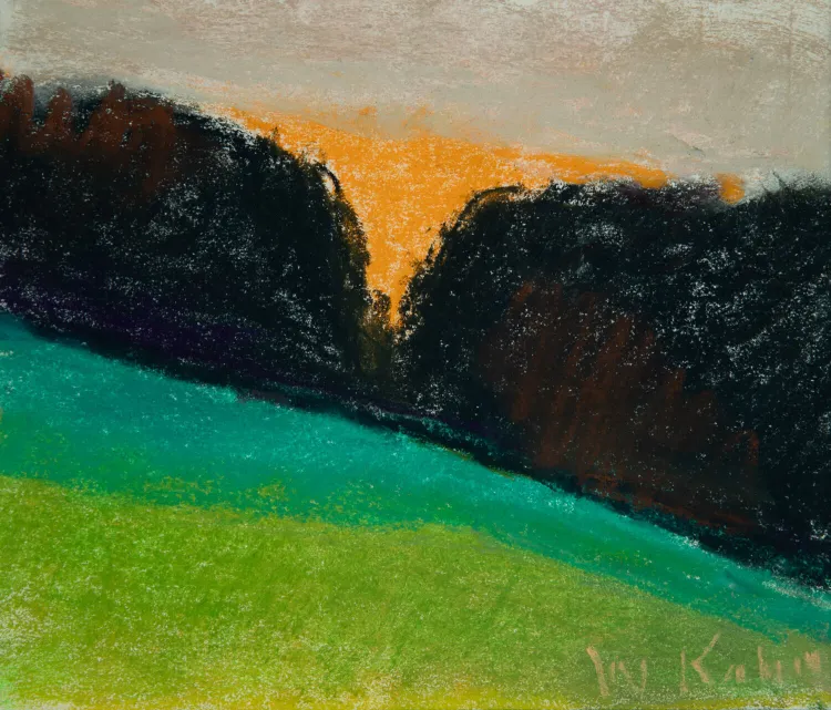 A pastel featuring a bright green field, with dark gray on the horizon with an orange burst coming through. Artwork by Wolf Kahn.