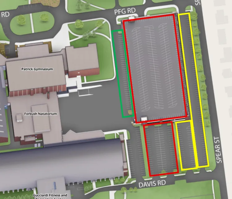 A diagram of parking closures around Gutterson Garage and Surface Lots for Oct. 2 and 3, 2026