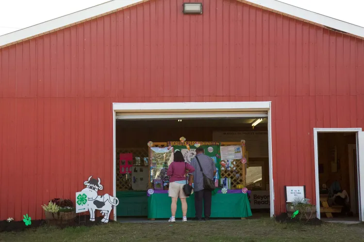 Two adults with their backs to the camera stand in the doorway of a red barn looking at a poster, next to a sign with the green four leaf clover 4-H logo.