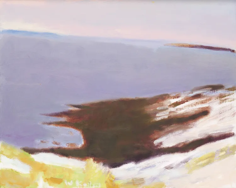 An abstract painting with large fields of blue-grey, brown, and bright yellow-green. Artwork by Wolf Kahn.