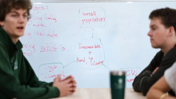 a whiteboard in the background of a discussion that includes phrases such as "small population" 