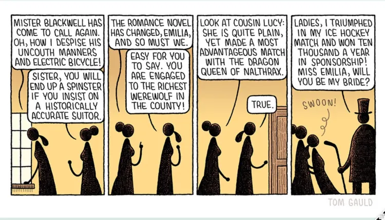 Four-panel comic depicting a conversation between two Edwardian spinsters and a suitor