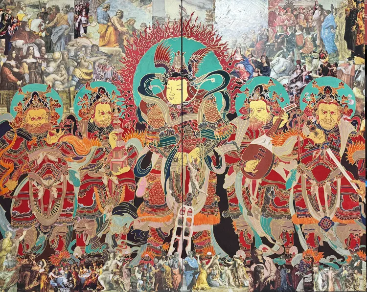 Colorful collage of guardian figures from eastern and western cultures. An artwork by Misoo Bang.