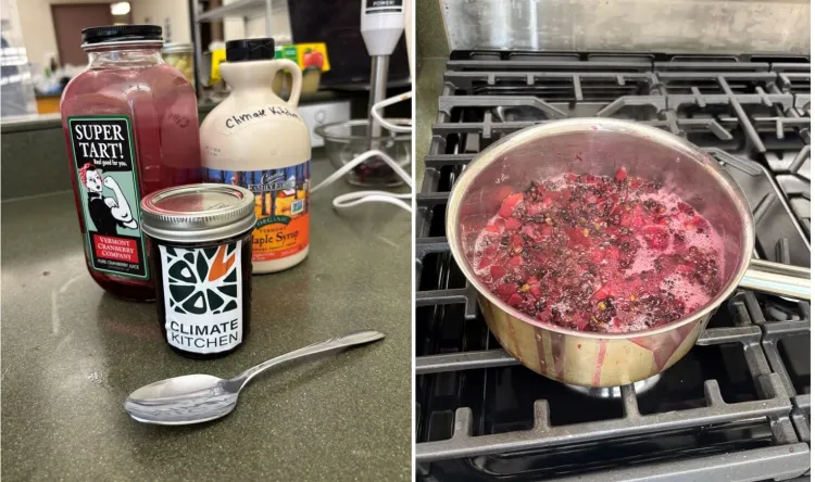 split photo a jar of aronia berry jam and berries cooking in pot