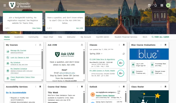 Screenshot of a multi role dashboard in myUVM c. 2026