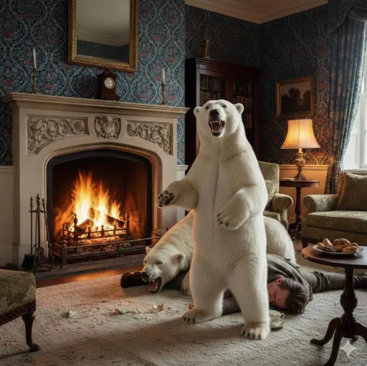 A man lies unconscious on a rug in a cozy living room. A polar bear lies over him, another stands roaring.