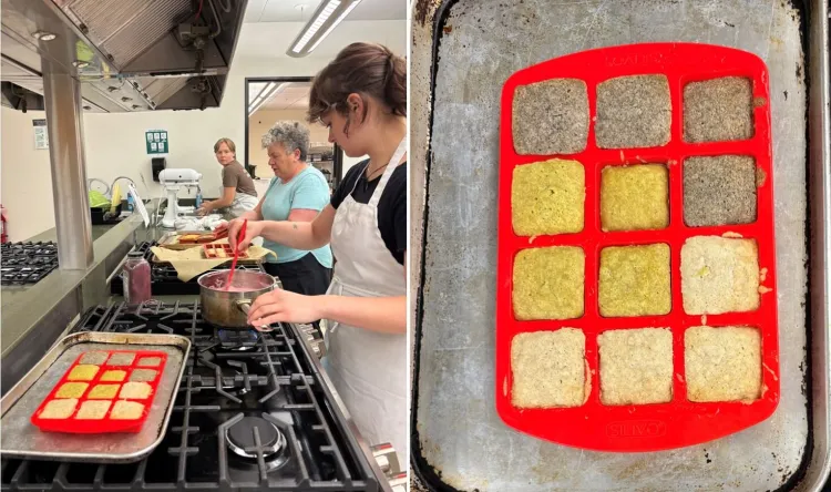 split photo of the team making financiers and aronia berry curd, try of financiers