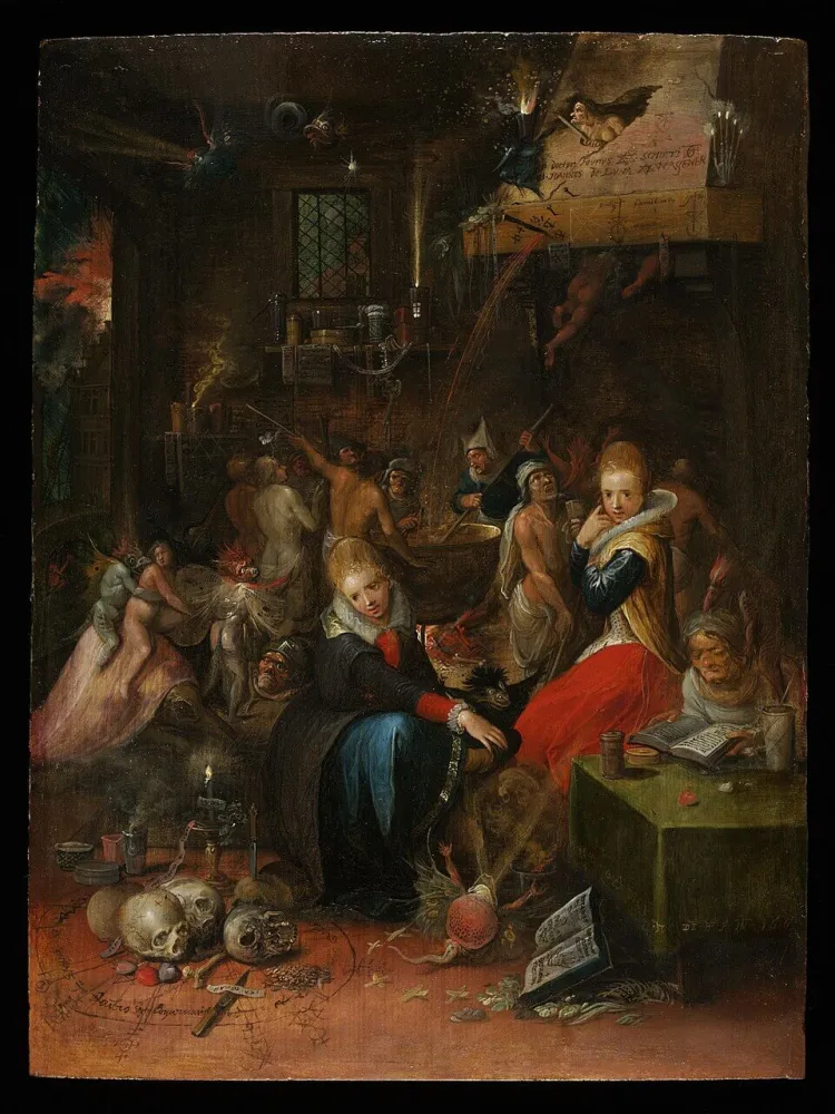 a painting showing an imagined sabbath attended by alleged witches. human skulls sit in a pile in the foreground. a witch sits with a demon on a broom ready to fly.