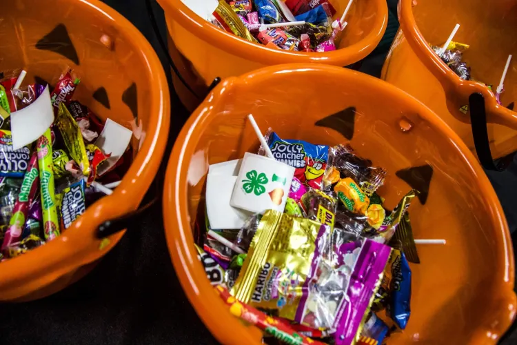 Orange buckets with candy and 4-H stickers inside them.