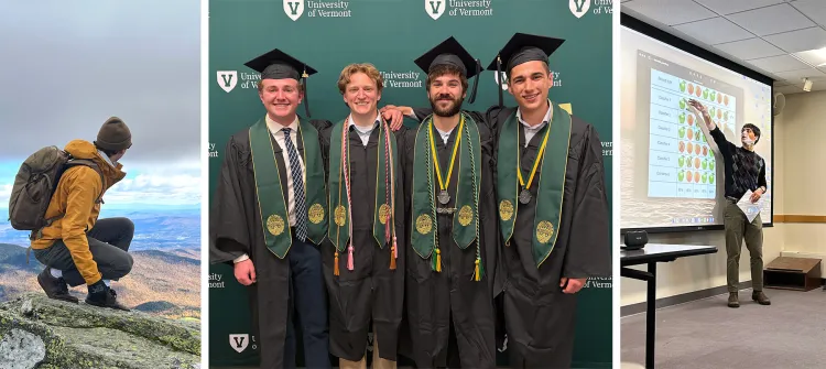 Three images: At left, a person kneels on mountainous trek with a view in the background, at center is a group of four UVM graduates in caps and gowns, and at right is a student teaching with a projection.