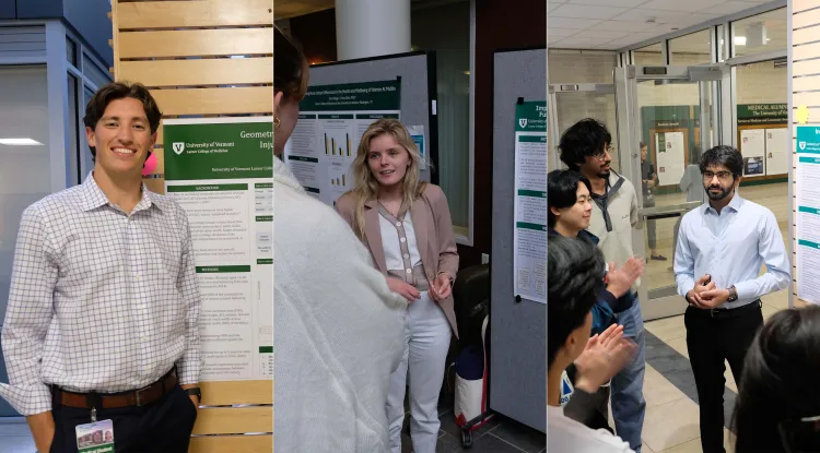 3 images of presenters standing in front of their posters at an academic poster session