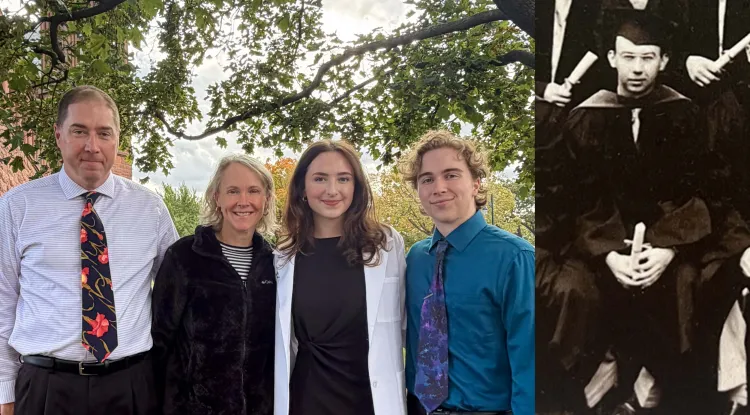 Left: 4 people standing outdoors with leafy trees in the background. Right: a person in dark academic regalia holding a scroll.