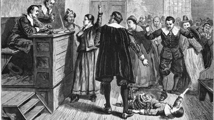 an illustration of a old courthouse where a woman is on trial for witchcraft. another woman writhes on the ground and men point fingers.