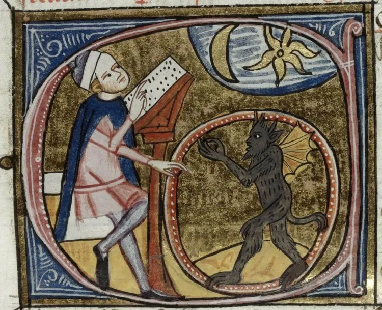 a male priest summons a demon while practicing necromancy