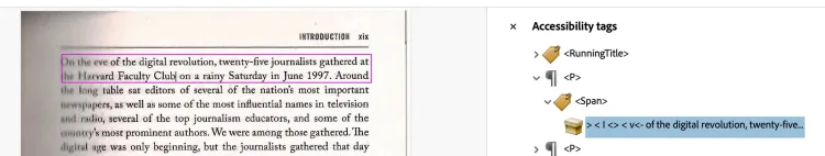 Screenshot of Adobe Acrobat Pro with a container of corrupted text, and the correct text highlighted on the document layer