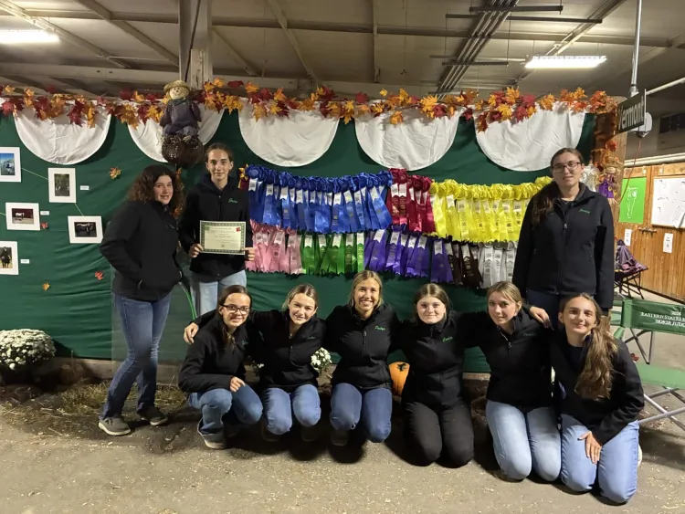Nine girls in jeans and black sweatshirts stand against a wall lined with colorful horse ribbons.