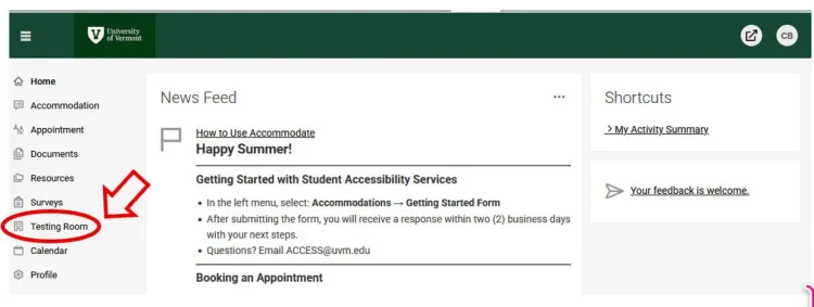 Screenshot of Accommodate student homepage. The link to the Testing Room module is circled in red, with a red arrow pointing to its position on the left side of the page.