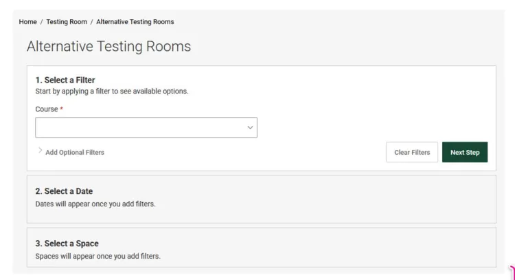 The page that opens after clicking "New Booking Request." Three numbered steps are listed: Select a Filter, Select a Date, and Select a Space. 