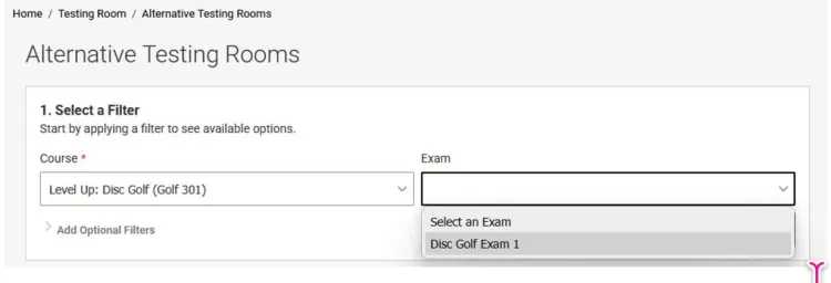 Focusing on the Select a Filter module, two dropdown menus are visible: Course, which has been filled with the selection "Level Up: Disc Golf," and Exam. The dropdown for Exam has been clicked, but with nothing selected; the options visible are "Select an Exam" and "Disc Golf Exam 1."
