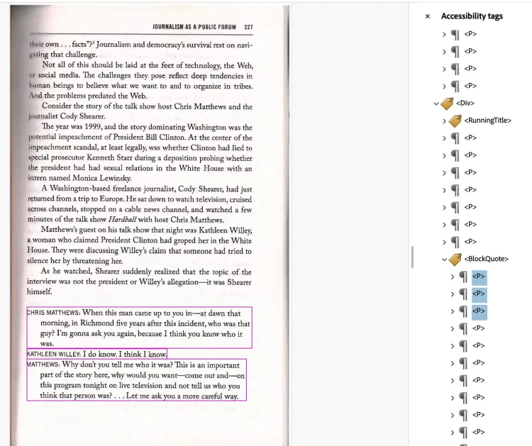 Screenshot of correct tagging for an interview in Adobe Acrobat Pro
