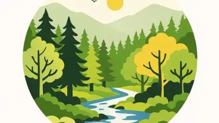 circular graphic representation of a forest with a stream running through it