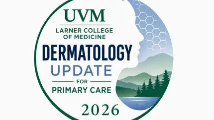 UVM Larner College of Medicine Dermatology Update for Primary Care 2026 logo with a profile silhouette and Vermont landscape.