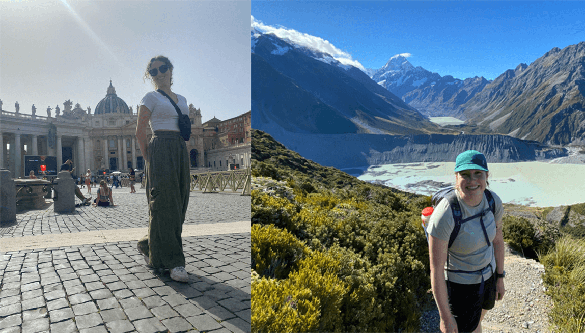 2 UVM students, one in Italian plaza and one in New Zealand mountains