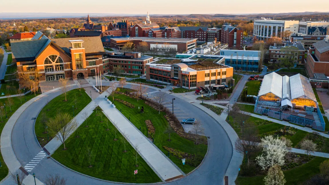 Aerial view of UVM Davis Center oval