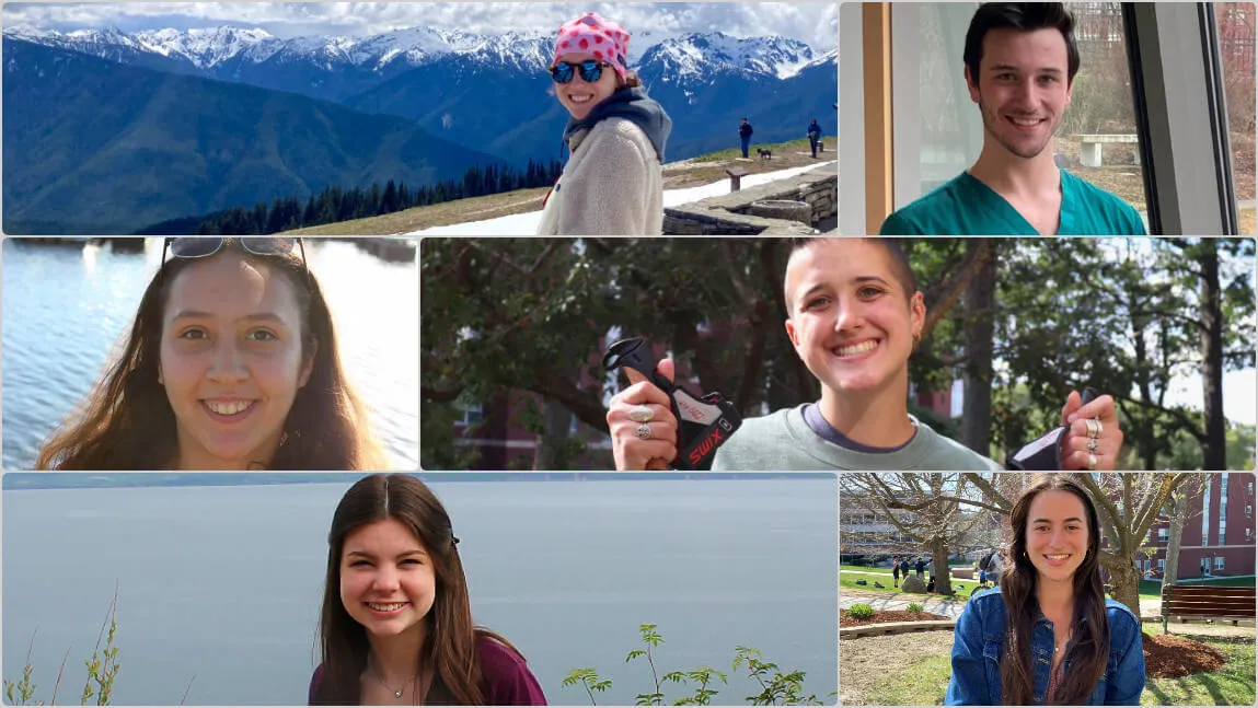 Six graduating students with various scenic backgrounds