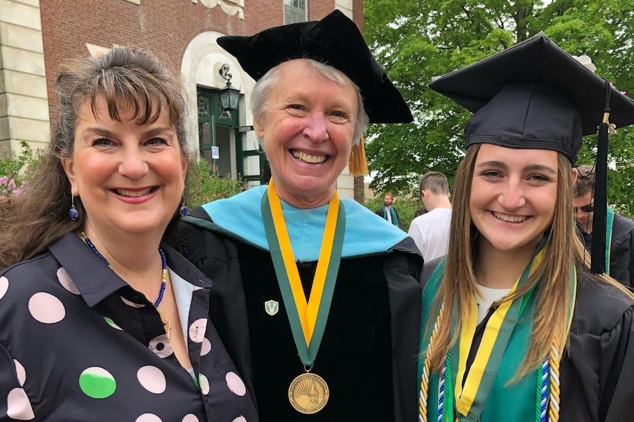 Left to right: CESS Assistant Dean for Academic and Student Affairs Lynn White Cloud, Dean Katharine (Katie) Shepherd, and Maggie Sorrentino at UVM Commencement.