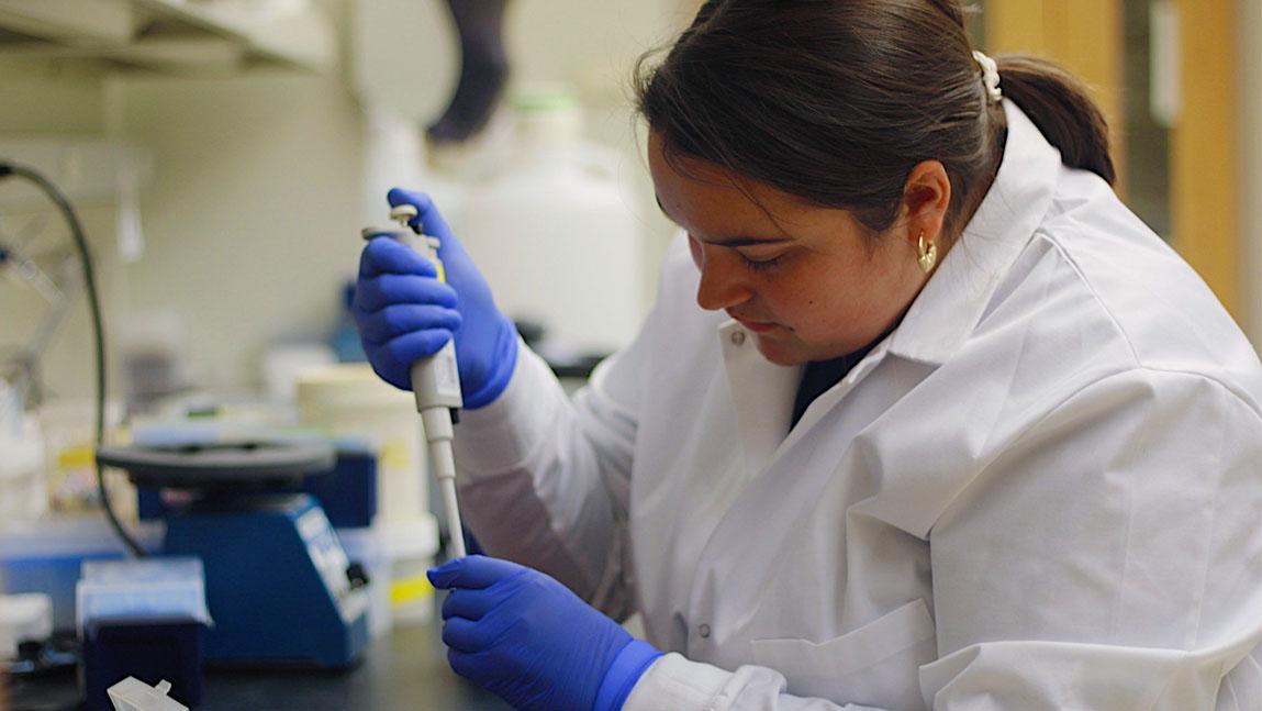 Undergraduate student Annie Gilland is performing research in a laboratory.