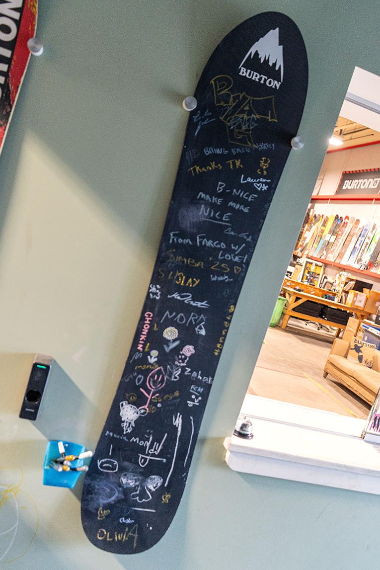 A snowboard / chalkboard at Burton