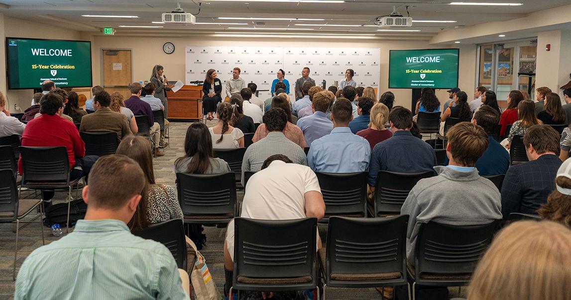 The Alumni Panel addresses the MAcc 15th Celebration audience.