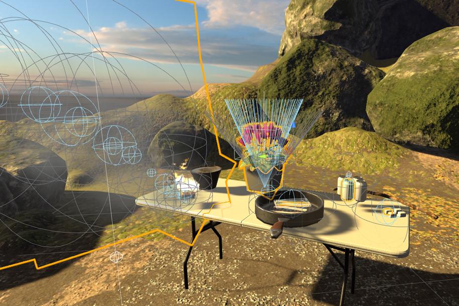 Virtual geometries direct smell boundaries in a virtual campsite.