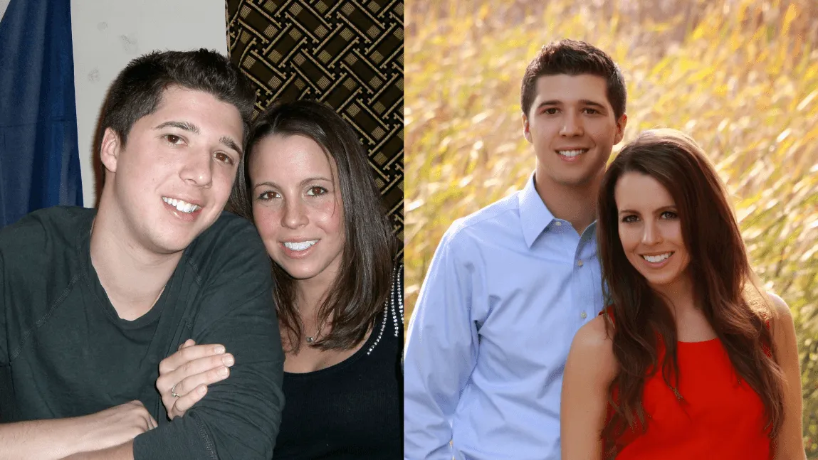 GSB alumni Patrick Biddiscombe ('08) and Dana (Bingham) Biddiscombe ('09) are pictured together in college and present day.