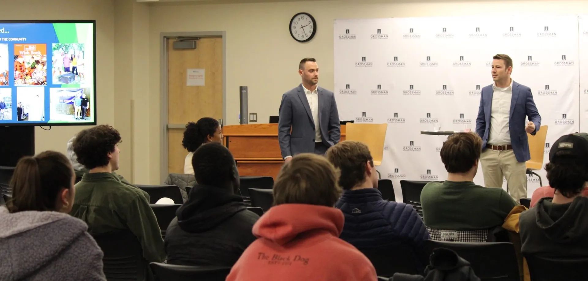 John and George Black discuss careers in real estate at the Grossman School of Business on March 8, 2023