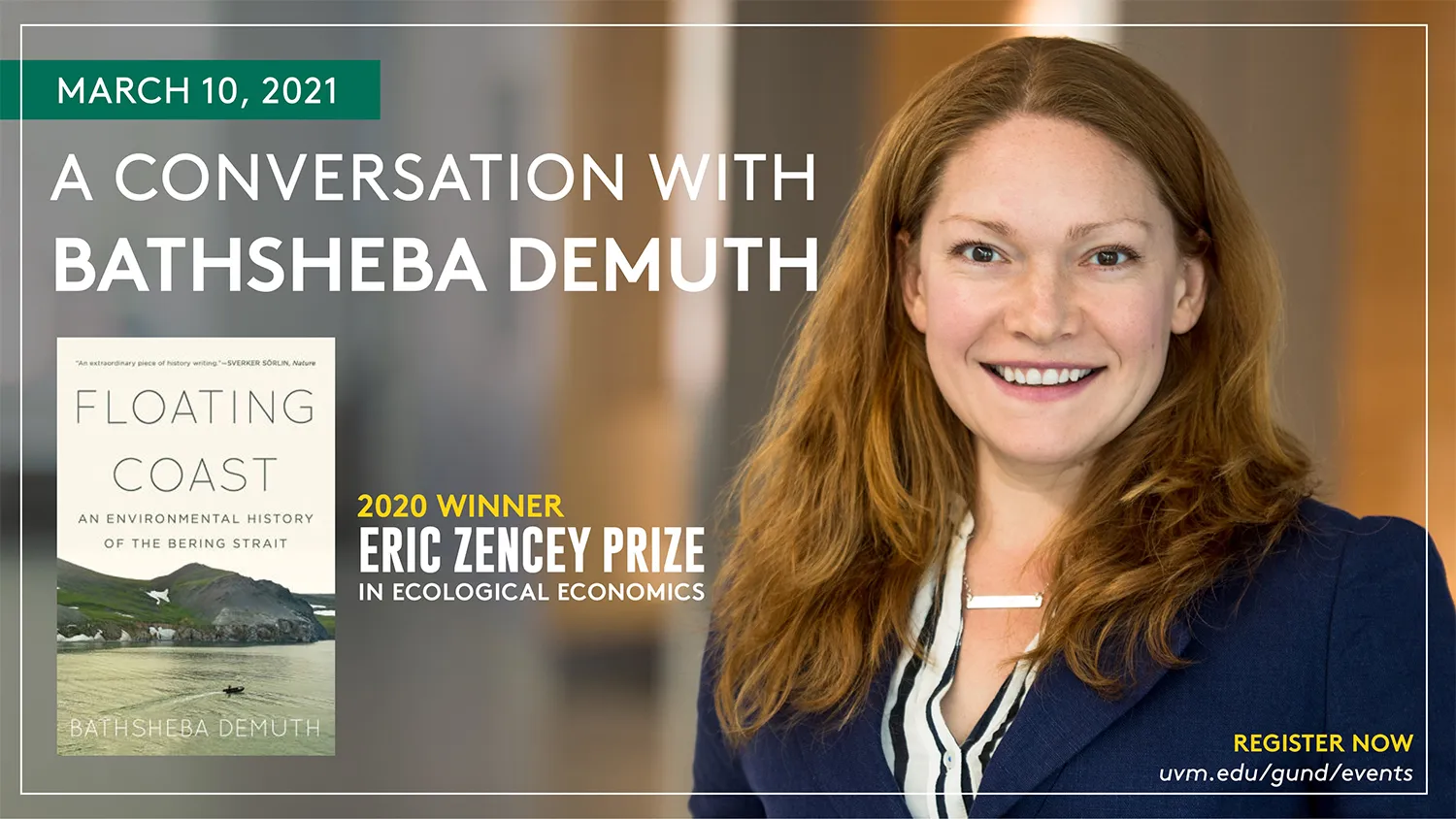 Bathsheba Demuth and the cover of her book, Floating Coast: An Environmental History of the Bering Strait