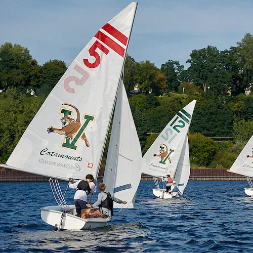 Catamount sailboats tack across the lake.