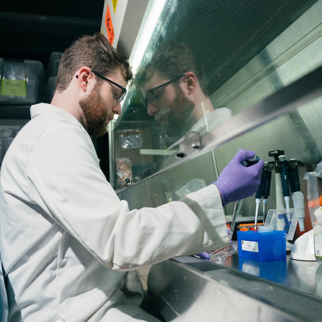 Scientist wearing a white coat and gloves using pipettes in a lab setting.