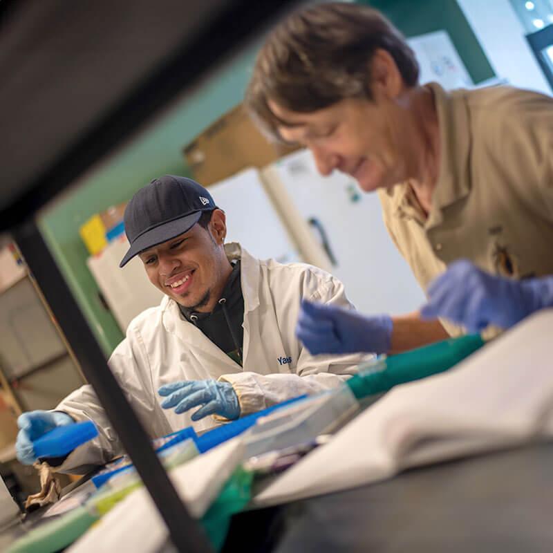 a student and professor at a lab bench investigating items